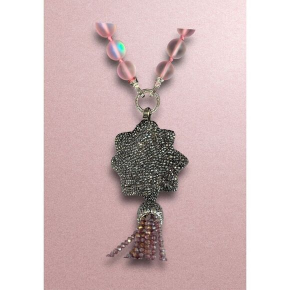 Elegant Pink Beaded Necklace with Pearl and Sparkling Tassel Vintage - Picture 2 of 4